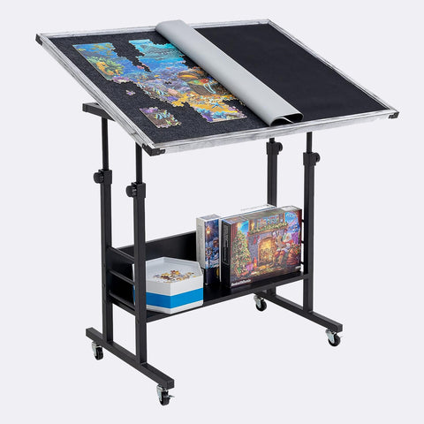 Jigsaw Puzzle Table with Legs 1500 Piece, Adjustable Puzzle Stand Up Board with 5 Tilting Angle & Height Adjustment,  Jigsaw Storage Board with Cover Mat