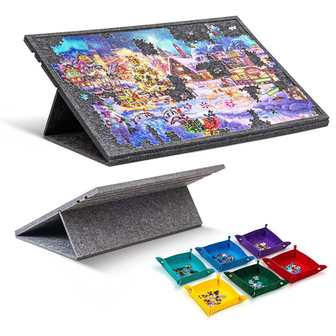 Lightweight gray felt puzzle board setup on a table with an active 1000-piece jigsaw puzzle and six colorful sorting trays nearby.