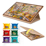 Jigpal gray felt jigsaw puzzle board set up on a table with an active 1000-piece puzzle and six colorful sorting trays.