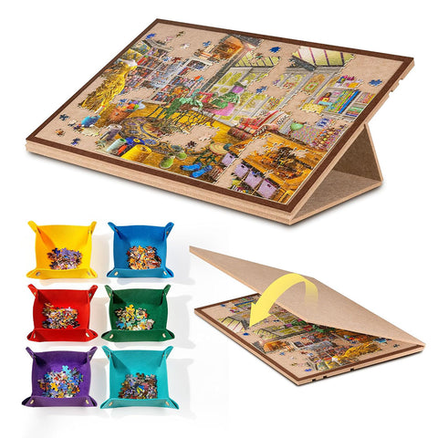 Jigpal gray felt jigsaw puzzle board set up on a table with an active 1000-piece puzzle and six colorful sorting trays.