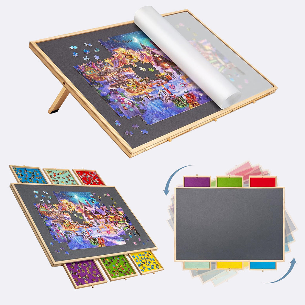 2-in-1 Tilting & Rotating Puzzle Board with 6 Colored Drawers  for Up to 1500 Pieces