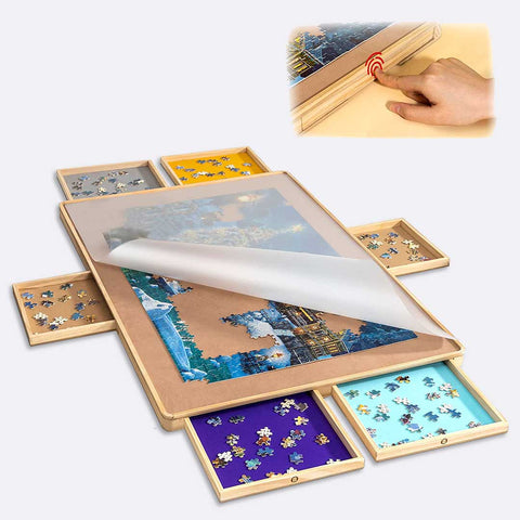 Handleless Design! Portable  Jigsaw Puzzle Table with 6 Colorful Drawers & Transparent Cover for 1500 Pieces Puzzle